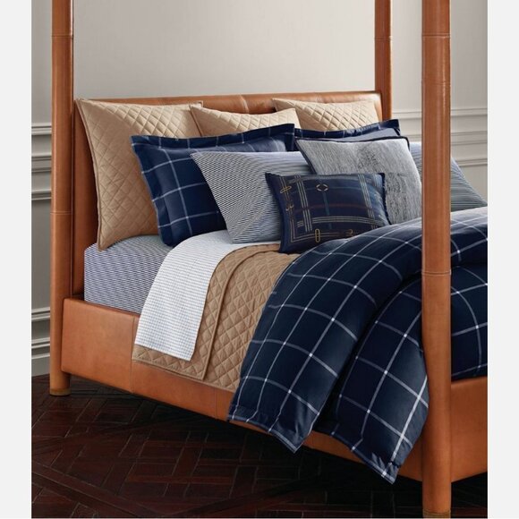 Ralph Lauren Modern Equestrian Windowpane Blue Cream Standard Sham - Picture 2 of 8